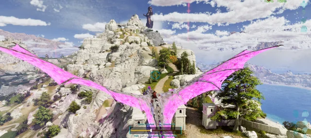A pink wyvern soaring over a white-cliff coastline