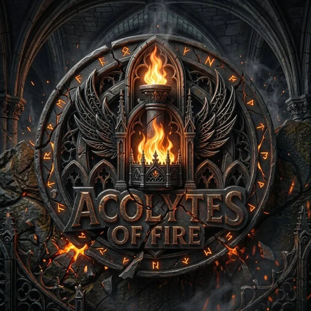 The Acolytes of Fire seal: a gothic stone medallion with a burning torch between folded wings, ringed with glowing runes