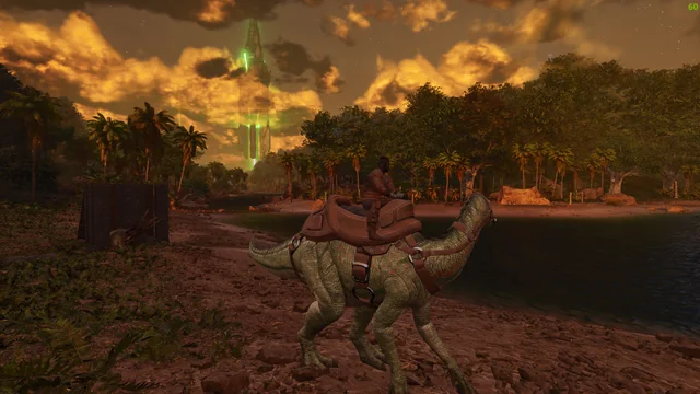 Riding a raptor at sunset beneath a distant beam of light