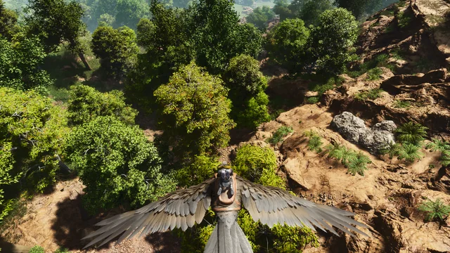 Flying over a dense jungle valley on a winged mount
