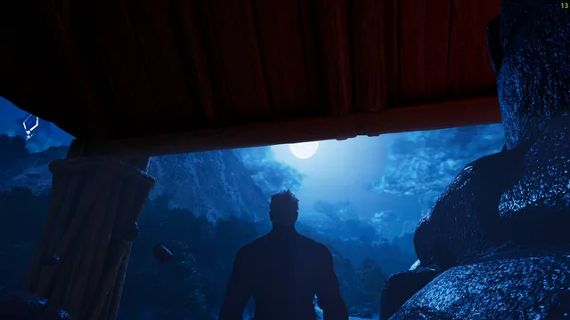 A survivor silhouetted at a moonlit cave mouth