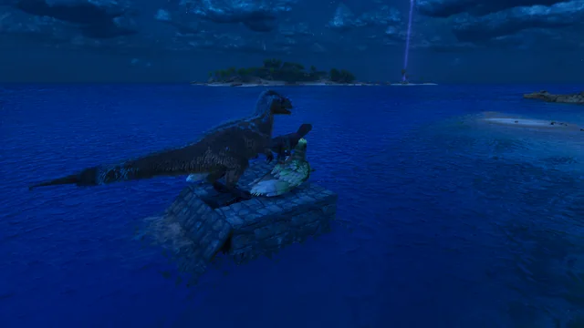 A creature on a raft crossing a moonlit sea