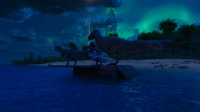 Aurora over a night beach with a raft and a dinosaur