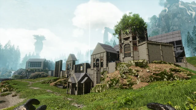 A stone castle in a misty valley