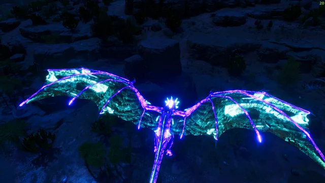 A glowing blue dragon with wings spread against a night sky