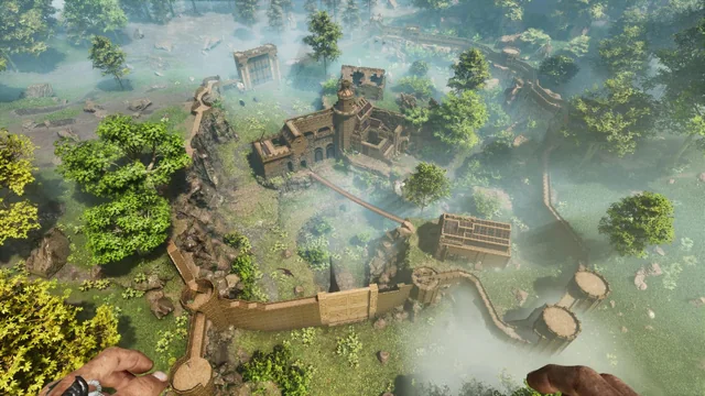 A timber settlement seen from the air through morning mist