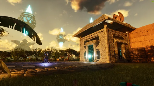 Sunset over a sandstone temple with floating spires