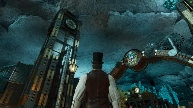 A clock tower inside a glowing cavern