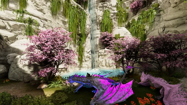 Colourful wyverns resting in a waterfall garden