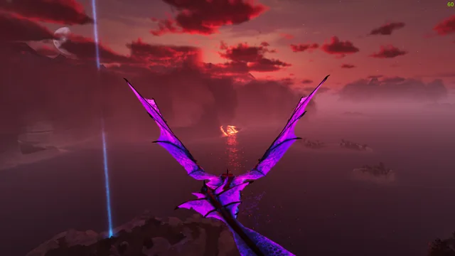 A glowing purple wyvern against a blood-red sky