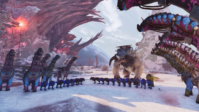 A tribe's dino parade crossing a snowfield