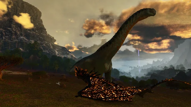 A sauropod silhouetted against a golden volcanic sunset