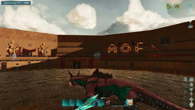 An arena with AOF spelled out in lights